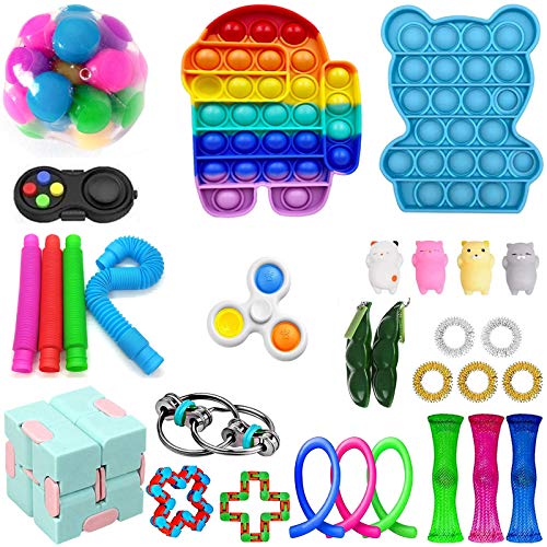 AXYRXWR Fidget Toy Set Fidget Pack Sensory Relieves Stress and Anti-Anxiety Tools Bundle Sensory Toys Set for Kids Adults, Tie Dye Push Pop Bubble Toy (Multicolor 10, 30 Pcs)