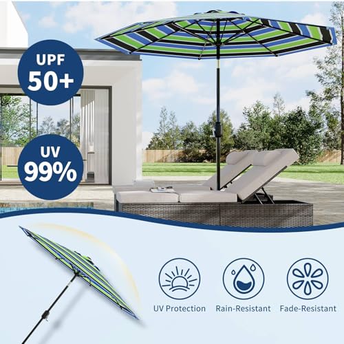 9Ft Patio Umbrella - 8 Sturdy Ribs Outdoor Table Umbrella with Crank Lift & Push Button Tilt - Market Umbrella for Pool, Deck, Yard, Garden - Tricolor Stripe