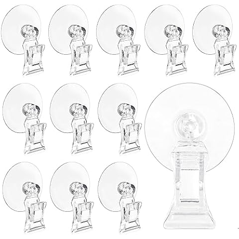 Sankoly 12 Pieces Suction Cup Clips Plastic Suction Cup Clip Window Glass Suction Cup with Clip for Advertising Display Business Cards Fishes Feeding Transparent Cover