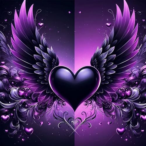 ijbnhd Angel Wings Diamond Art Kits for Adults - Purple Heart Diamond Painting Kits for Beginners, DIY Heart Gem Art Crafts Full Round Drill for Home Walls Decor 12X12Inch