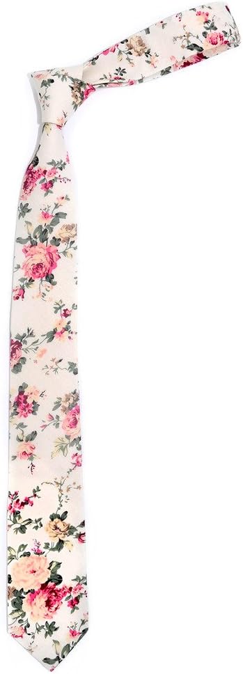 Kissvian Men's Cotton Skinny Tie with Floral Print Linen Casual Slim Tie Flower Neckties for Wedding Party