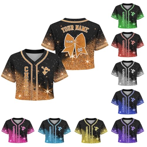 Custom Crop Baseball Jersey Women Girl Youth Kids, Black and Orange Cropped Jersey Black Cheerleading Uniform Sparkly Jersey Name Number Logo, Cheer Shirts for Cheerleaders Camisa De Beisbol