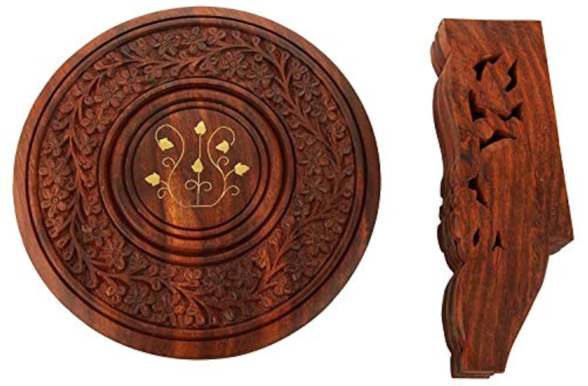 Wooden Foldable Handmade Table with 3 Legs, Carving Brass Folding Stool