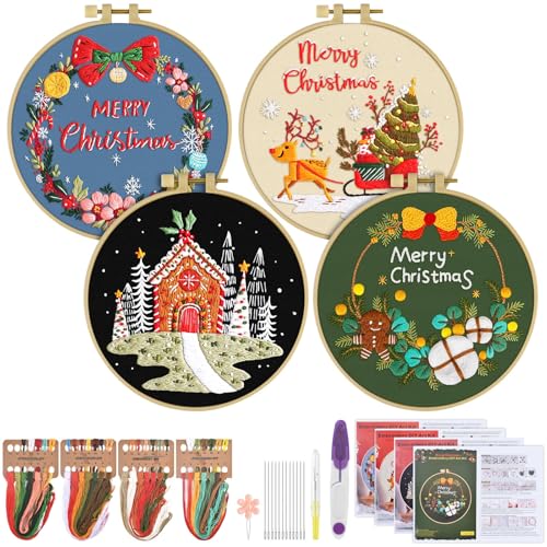 ERKOON 4 Sets Embroidery Kit for Beginners, Christmas Cross Stitch Set with Easy Pattern Embroidery Cloth Hoops Threads for Craft Lover Hand Stitch