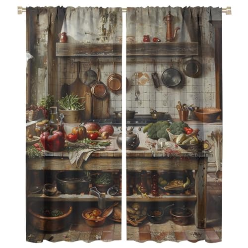 Vintage Kitchen Fruit And Vegetable Theme Curtains, Colorful Farmhouse Kitchen