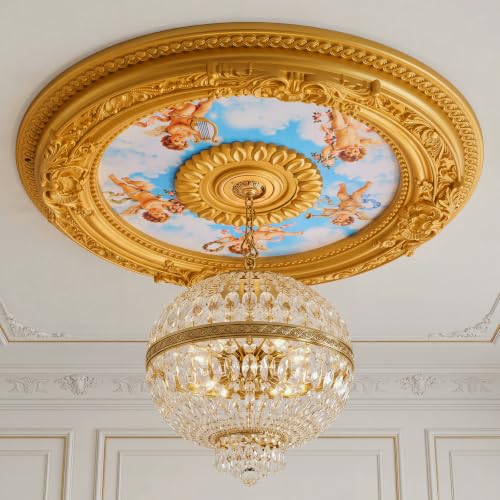 Threehoney 24" OD X 2.36" ID Gold Ceiling Medallion, Round Cherubs Sky