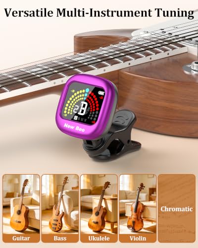 Image of New bee Guitar Tuner Rechargeable, Color Screen Clip On Tuner (Purple, 1 Pack)
