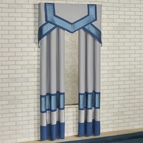 Beta Contemporary Luxury Window Treatment | Sophisticated | Blue Shadow, Stone, Dark Blue | Pleated | Silky Polyester Satin | 4 Piece Window Set: 84L Curtain Panel Drapery Pair and Cornice Valance Set