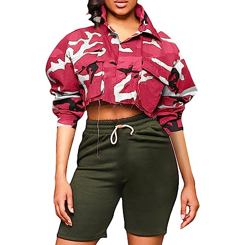 Manteau camouflage pour femme rouge taille M avec veste courte cargo col fourrure