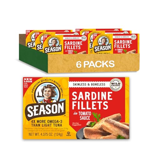 Season Sardines in Tomato Sauce - Skinless & Boneless, Wild Caught, 22g of Protein, Keto Snacks, More Omega 3's Than Tuna, Kosher, High in Calcium, Canned Sardines - 4.37 Oz Tins, 6-Pack