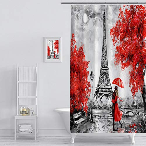 MuaToo Shower Curtain Oil Painting Paris European City Landscape France Eiffel Tower Black White and Red Graphic Print Polyester Fabric Bathroom Decor Sets with Hooks 72 x 72 Inches