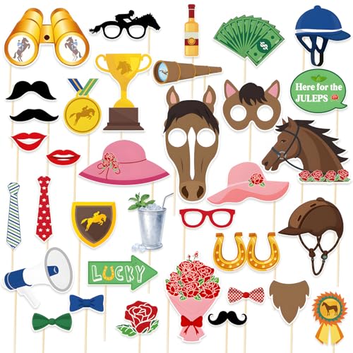 30 Piece Kentucky Horse Racing Photo Booth Props – Horse Racing Party Decorations with Hats, Horses, Roses, Trophies, Glasses, and Funny Mustaches for Kentucky Race Day and Themed Celebrations