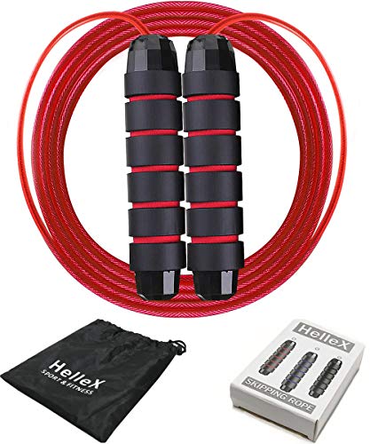 HelleX- Jump Rope, Skipping Rope for Men Women and Kids Workout Exercise, Tangle-Free Ball Bearings Rapid Speed Adjustable Jumping Ropes Cable with Memory Foam Antiskid Handles-Red Color