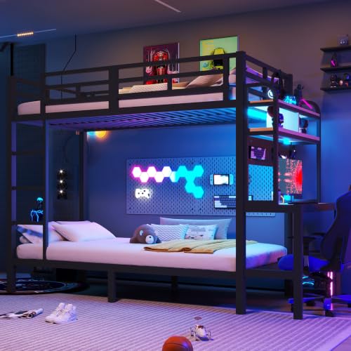 Arhatreya Litera 90 x 200 cm de hierro, litera con escritorio, compartimento de almacenamiento, barra de luz LED, puerto USB, barandilla de seguridad y escalera, negro, marco de cama sin colchón