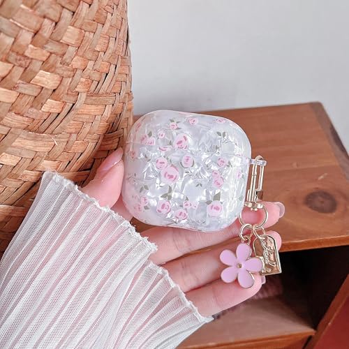 Image of MINSCOSE for Cute Glitter AirPods 4 Clear Case,Shell Pattern Flower Design with Girly Floral Keychain,Soft TPU Protective Cover with Cleaner Kit for AirPods 4th Generation-Pink