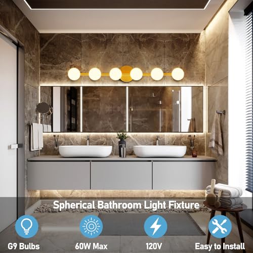 Lightdot 6 Light Bathroom Vanity Light, 38" Modern Gold Vanity Lights with Globe Water/Shatterproof PC Lampshade, Rust-Proof Bathroom Light Fixtures Over Mirror for Kitchen Hallway Cabinet Porch by Lightdot - Used condition - Image 2