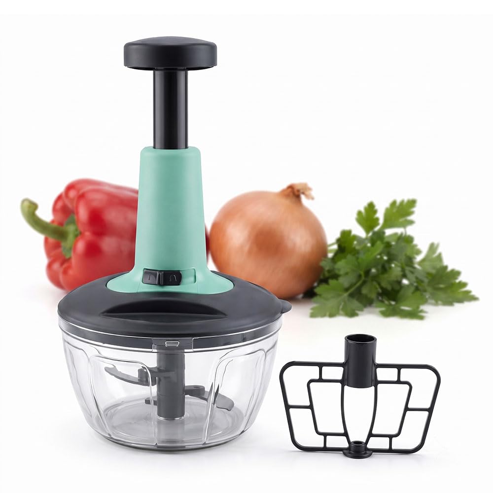 manual food processor with push button and whisk attachment for kitchen preparation