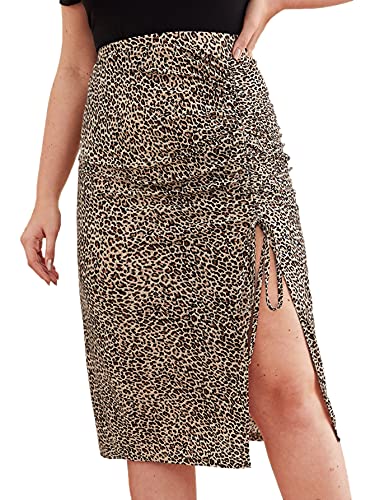Floerns Women s Plus Size Leopard Drawstring Ruched Split Thigh Midi Skirt Brown Multi 3XL