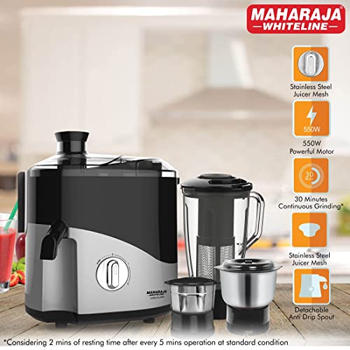Maharaja Whiteline Odacio Plus 550-Watt Juicer Mixer Grinder With 3 Versatile Jars | Food Grade Safe | 2 year warranty (Black & Silver), 550 Watts view 2