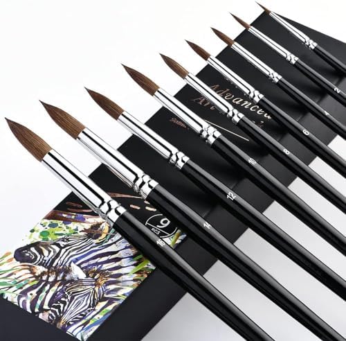 lenbicki Kolinsky Watercolor Brushes Set 9 Pcs Superior Sable Hair Round Pointed Professional Art Paintbrush Round Tip Paint Brush Kit for Watercolor Acrylic Inks Gouache Tempera Painting