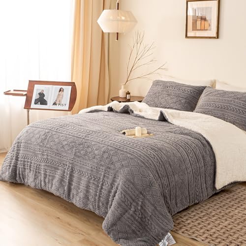 BOHOPOPM Ultra-Soft Warm Plush Sherpa Fleece Down Comforter Queen Size - Thickened Boho 3D Jacquard Reversible Bedding Comforter Set Fluffy Surface for Cozy Autumn and Winter Nights (Full/Queen,Grey)