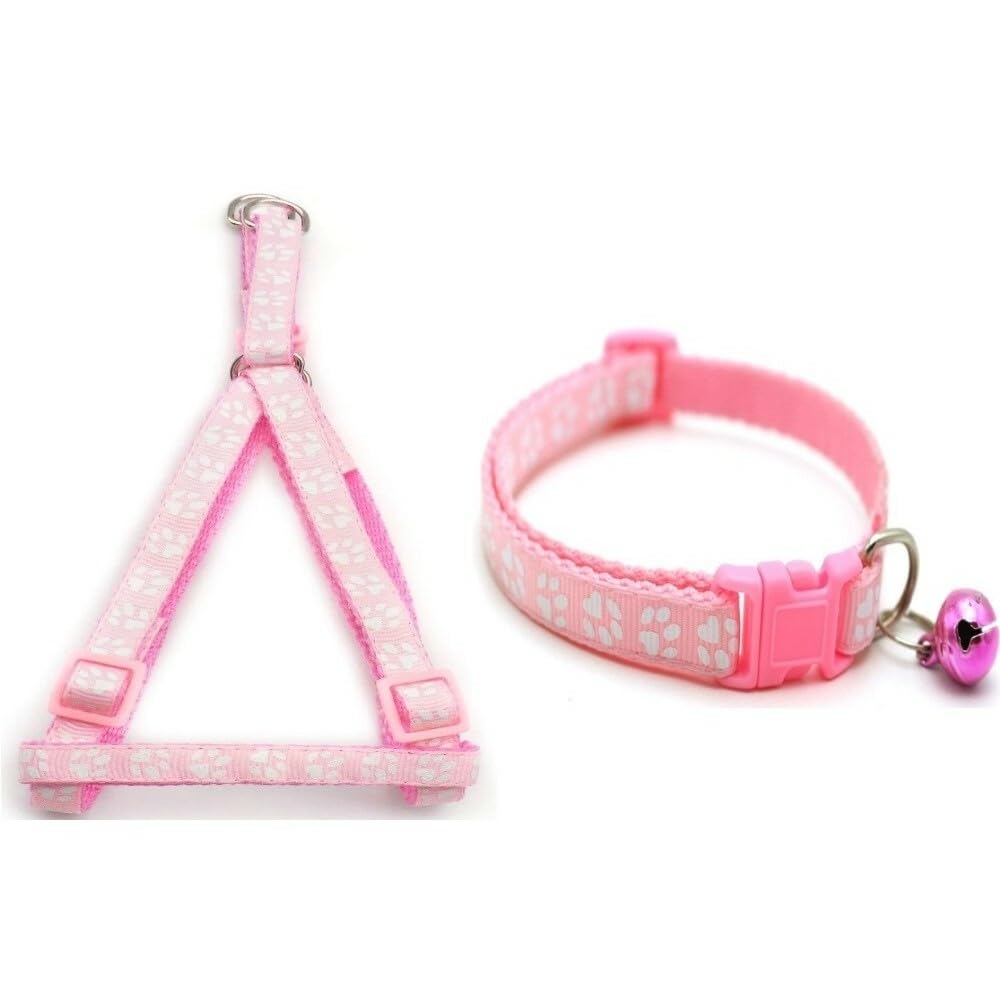 Small Dog Puppy Pet Collar and Harness Set Pawprint Design Nylon Adjustable Neck Size 19-32cm and Chest Size 21-34cm Light Pink - Image 2
