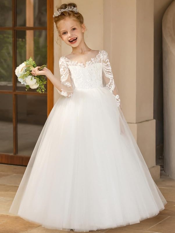 Flower Girl Dresses for Wedding Lace Applique Party Gown Princess Pageant Dress with Bow-Knot2