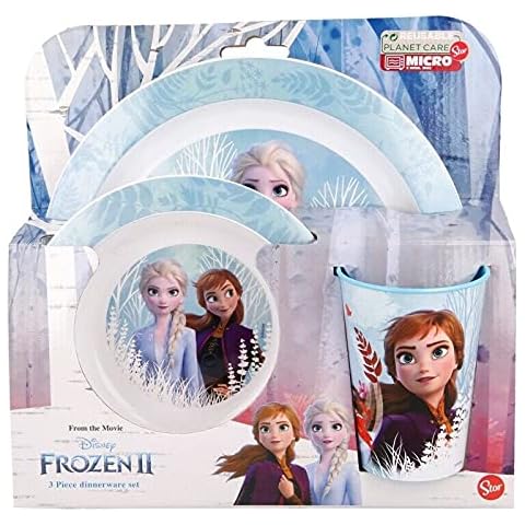 Microwave Safe 3pcs Character Animation Cartoon Dinner Tableware Set Plate, Bowl & Cup, BPA Free re-usable Plastic (Frozen Forest) Cover