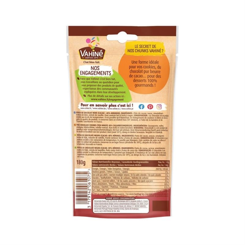 VAHINE - Vahiné Pépites Chunks Chocolat Noir Family Pack 180G - Lot De 3 - Vendu Par Lot