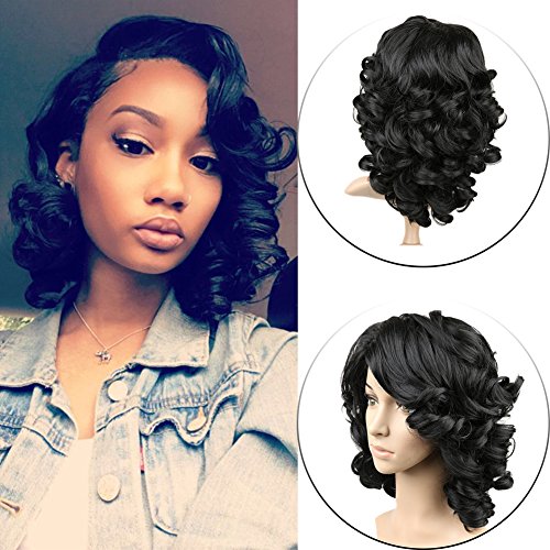 Lady Miranda Loose Wave Wig Pure Color Curly Synthetic Heat Resistant Weave Full Wigs for Women (Black)