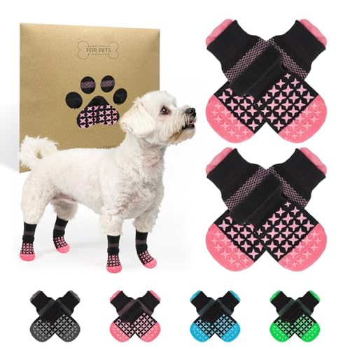 SCENEREAL Anti Slip Dog Socks to Prevent Licking Paws, Dog Booties & Paw Protectors for Hot Pavement Hardwood Floors, Traction Control for Small Medium Large Senior Dogs, Pink XS