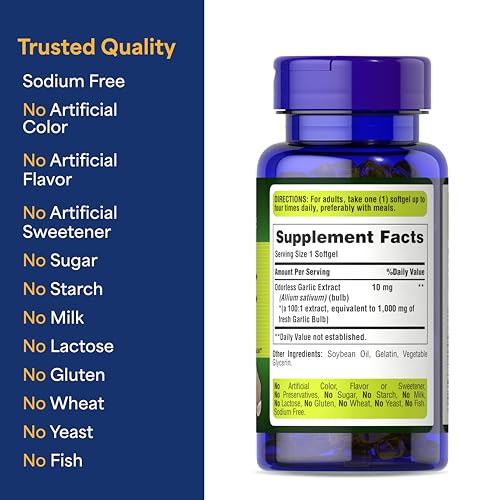 Puritan's Pride Premium Odorless Garlic Fresh 10 mg(1000mg Equivalent), Herb Dietary Supplement for Heart Health and Circulation Support with Antioxidant Properties, 250 Rapid Release Softgels - Image 4