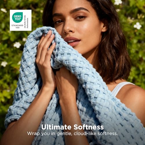 Image of Bedsure Cooling Cotton Waffle Queen Size Blanket - Lightweight Breathable Blanket of Rayon Derived from Bamboo for Hot Sleepers, Luxury Throws for Bed, Couch and Sofa, Light Blue, 90x90 Inches