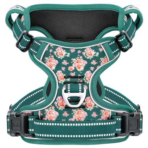 Image of HEELE Dog Harness, Reflective, No Pull No Choke, Flower Grass Green, S | Front Clip for Small Dog Harness, 2 Metal Rings with Handle, Adjustable, Soft Breathable Padded Pet Vest for Night Walking