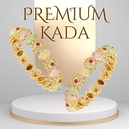 Image of NMII Brass Gold Plated Bangles Set For Girls and Women Studded Pearls and Stone | Gold Plated Brass Bangles | Metal bangles | (Pack of 2)