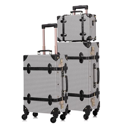 Image of UNIWALKER Vintage Suitcase Set, 3 Piece Retro Spinner Trunk, TSA-Approved Travel Luggage with Cosmetic Train Case for Women, Grid, 26 inch+20 inch+12 inch