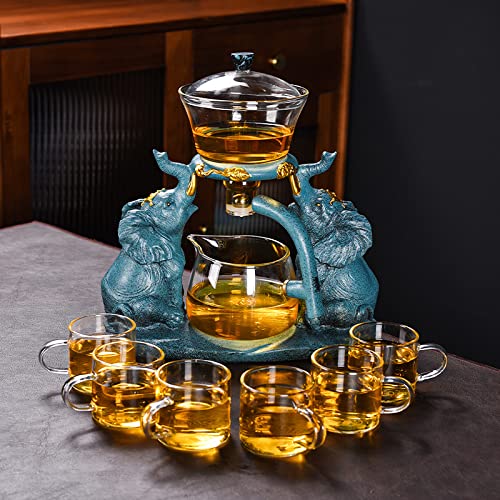 Rora Lazy Kungfu Glass Tea Set Semi Automatic Drip Rotating With Infuser Glass Teapot Set (Elephant Tea Set+6 Cups) #TOP1