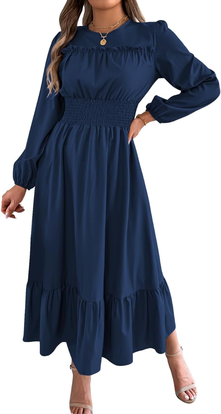 Ruffle Maxi Dress for Women, Pleated A Line Flowy, Business Casual, Holiday Modest Long Sleeve Smocked Spring