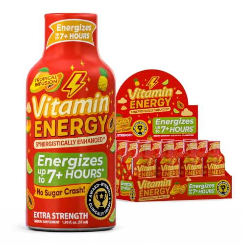 Image of Vitamin Energy Tropical Infusion Extra Strength Energy Shot, 10 Pack - Up to 7 Hrs, 260mg Natural Caffeine, Zero Sugar - BCAAs + CoQ10, Focus Support, B12 B6 Niacin, 1.93 fl oz, Keto Vegan