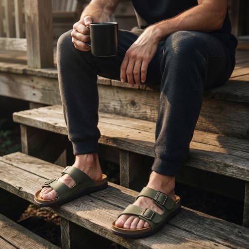 Image of CUSHIONAIRE Mars Double Buckle Slide Sandals for Men with Arch Support, Cork Footbed and EVA Outsole