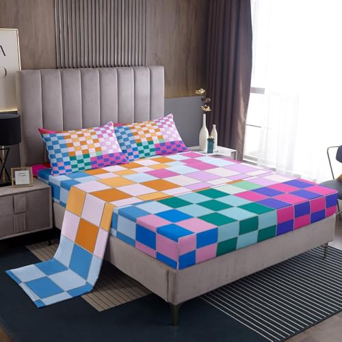 Image of Erosebridal Colorful Checkered Bed Sheets Full Rainbow Checkerboard Grid Sheet Set Blue Pink Purple Ombre Plaid Fitted Sheet for Kids Boys Girls Women,Geometric Groovy Aesthetic Flat Sheet 4 Pcs