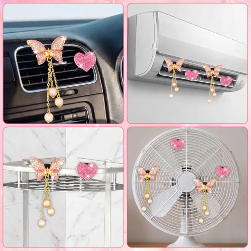Image of Frienda 4 Pcs Butterfly Car Air Vent Clips, Bling Heart Air Freshener Pads, Pink Rhinestone Crystal Car Vent Clips, Cute Hanging Butterfly Cars Interior Decor Accessories for Women Girls