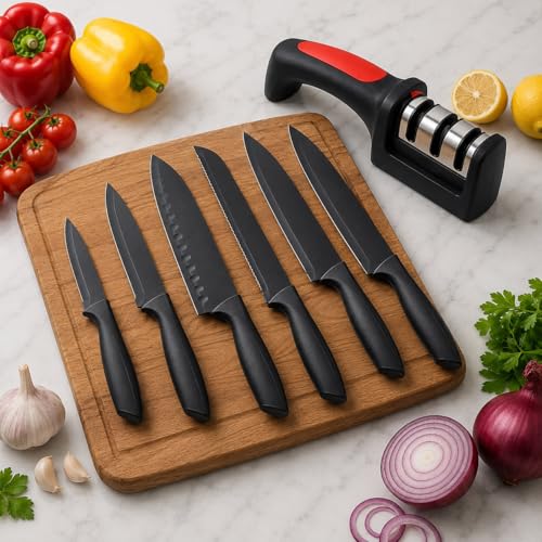 Image of Kitchen Knife Set 3-Piece with Knife Sharpener Tool, Stainless Steel Chef Knives, Sharp Cutting Knives for Kitchen, Vegetable, Fruit & Meat Cutting (6 Knife Set + Knife sharpner)