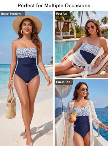 Image of Smismivo Tummy Control Swimwear Strapless One Piece Swimsuit Ruched Bathing Suits for Women Slimming Bandeau Tube Top Bikini