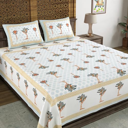 Image of BLOCKS OF INDIA Hand Block Printed 200 TC Cotton Super King Size Bedsheet(106 x 106) (Grey Orange Tree)