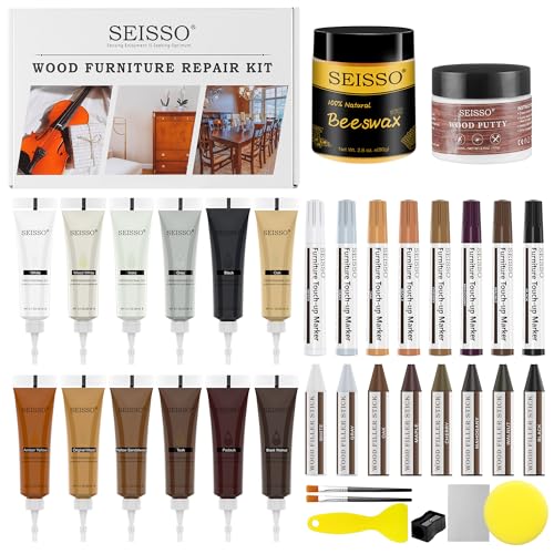 Image of SEISSO Wood Furniture Repair Kit, 12 Colors Wood Fillers, 8 Colors Touch Up Markers&Wax Sticks, Wood Putty with Beeswax, Wood Repairing Kit of Stains, Scratches, Holes, Cracks(36 PCs)