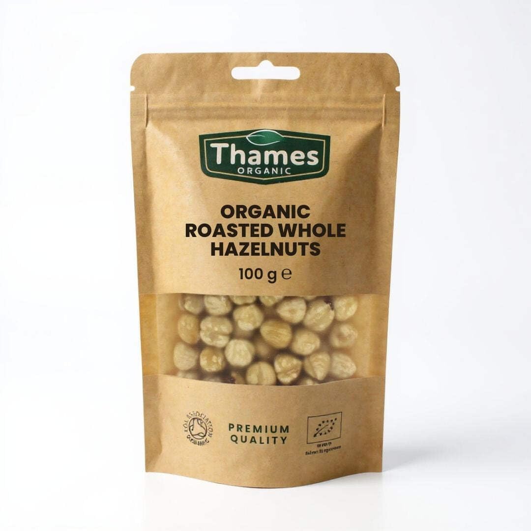 Organic Roasted Hazelnuts - Whole Hazelnuts, No Additives or Preservatives - Vegan, GMO-Free, Certified Organic - Delicious and Nutritious Snack - Thames Organic 100g