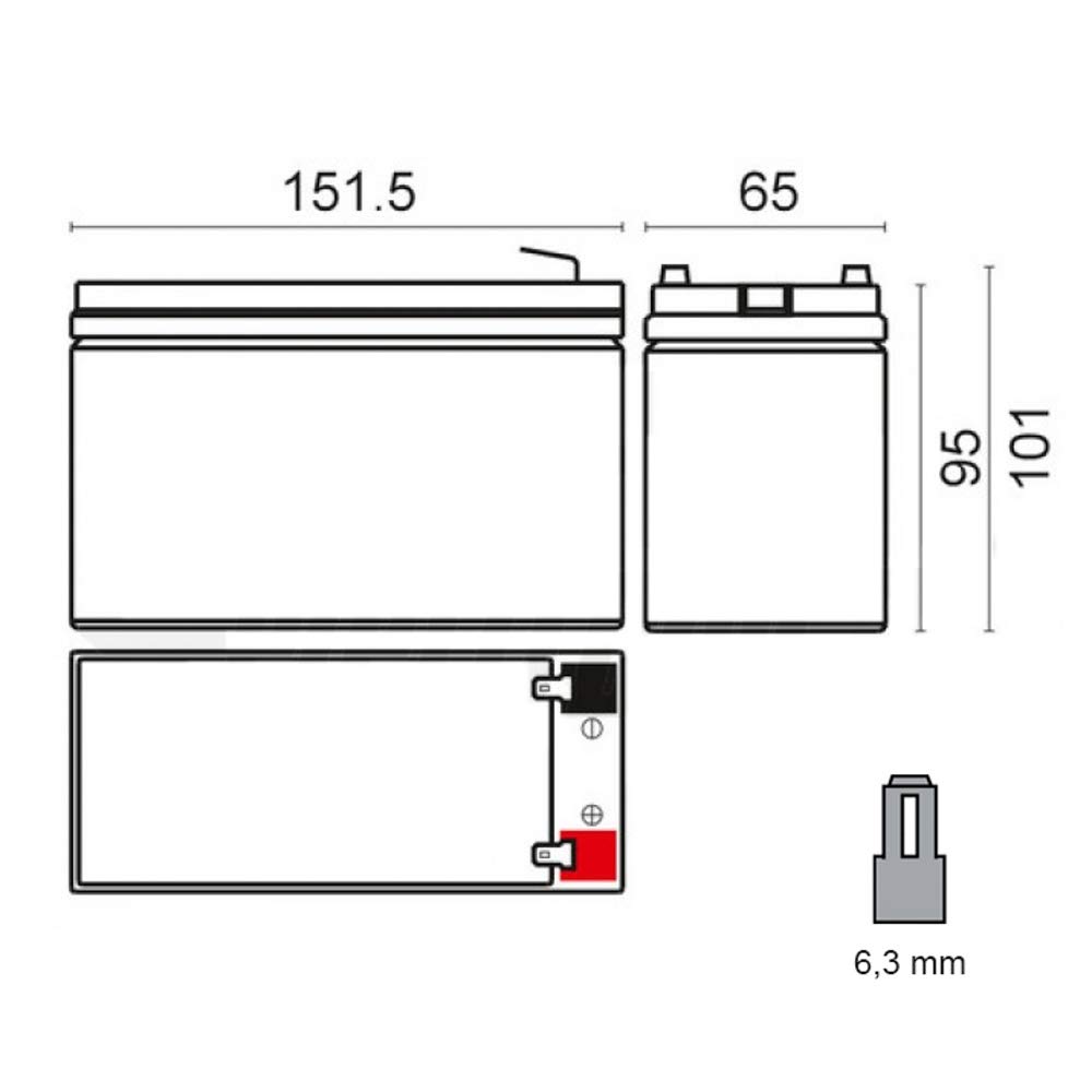 Batteria Ermetica al Piombo 7Ah 7,2 AH HR Alta RESA, per ups, Video Sorveglianza e Sistemi di Allarme. 12 V, Attacco Faston 6.3 mm, Versione HR 2,3 kg