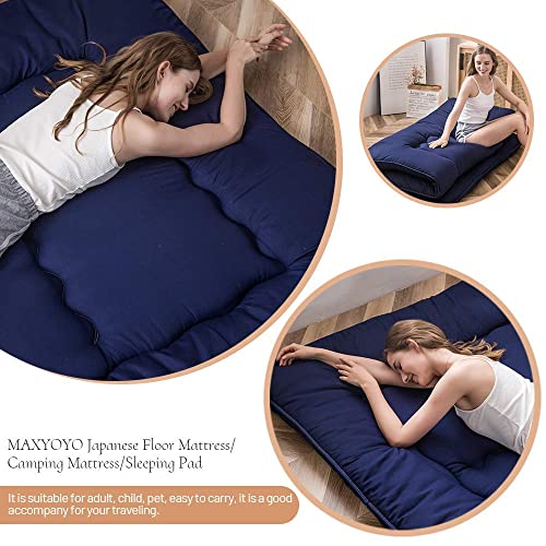 Image of MAXYOYO Japanese Floor Mattress Futon Mattress, Thicken Tatami Mat Sleeping Pad Foldable Roll Up Mattress Boys Girls Dormitory Mattress Pad Kids Floor Lounger Cushion, Navy, Full