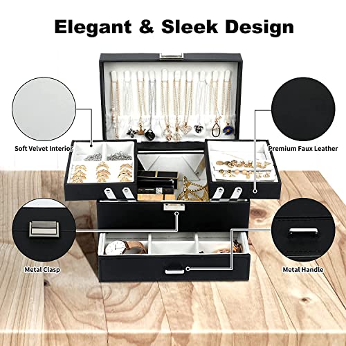 Image of Sagrach PU Leather Jewelry Storage Display Case for Drawer Dresser | Jewellery Holder Trays for Earring Ring Necklace Watch (1Pc, 22.5cm x 14.2cm x 14.2cm, Black)